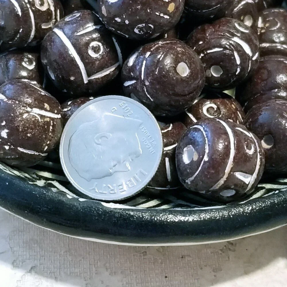 Vintage African Tribal Carved Clay Beads 13mm Round Brown White Pattern 10 pcs